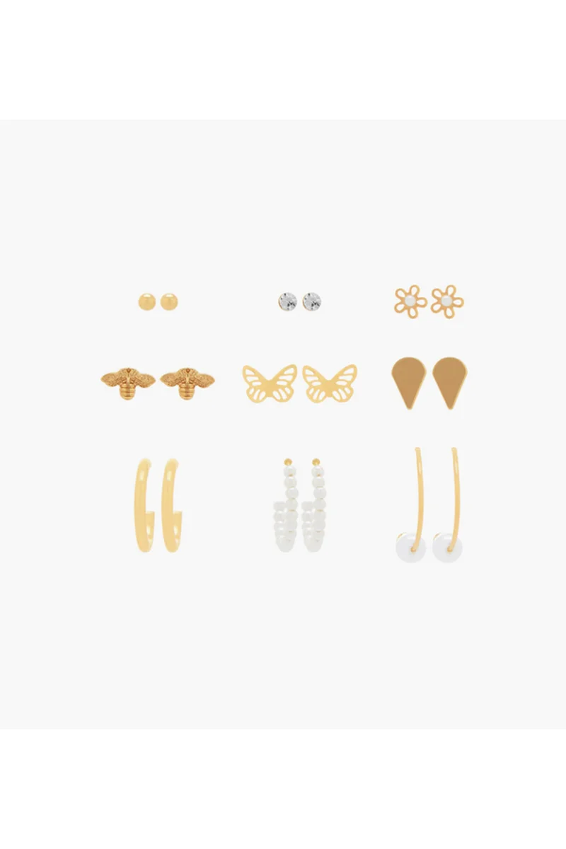 لايف ستايل Pack of 9 Gold Tone Earrings with Pushback Closure